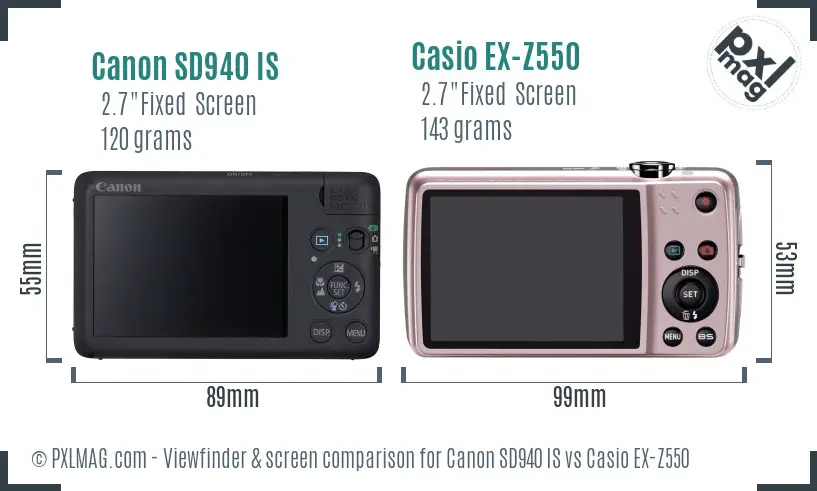 Canon SD940 IS vs Casio EX-Z550 Screen and Viewfinder comparison