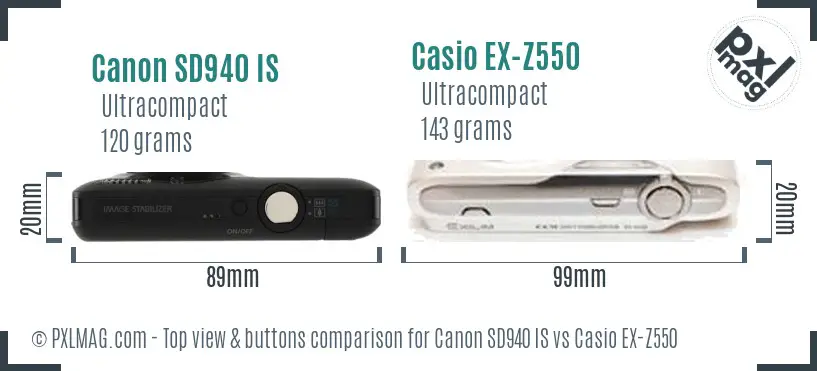 Canon SD940 IS vs Casio EX-Z550 top view buttons comparison