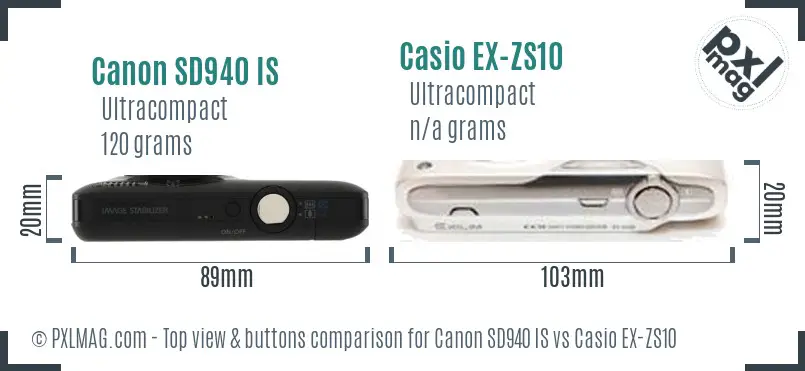 Canon SD940 IS vs Casio EX-ZS10 top view buttons comparison