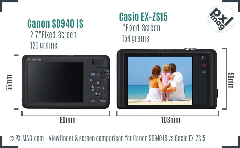 Canon SD940 IS vs Casio EX-ZS15 Screen and Viewfinder comparison