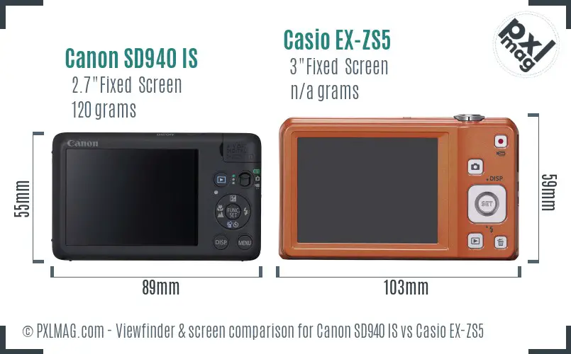 Canon SD940 IS vs Casio EX-ZS5 Screen and Viewfinder comparison