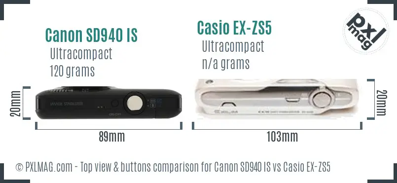 Canon SD940 IS vs Casio EX-ZS5 top view buttons comparison