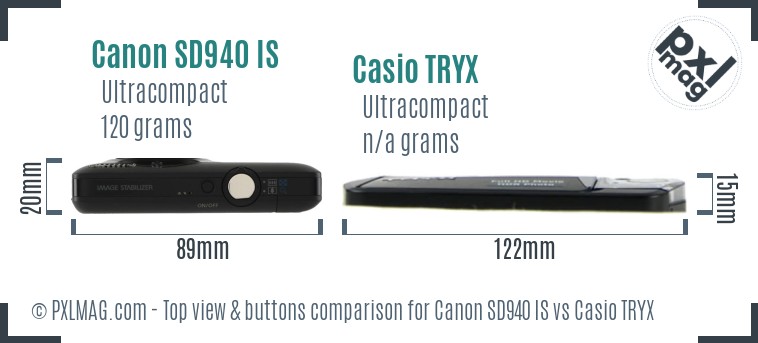 Canon SD940 IS vs Casio TRYX top view buttons comparison