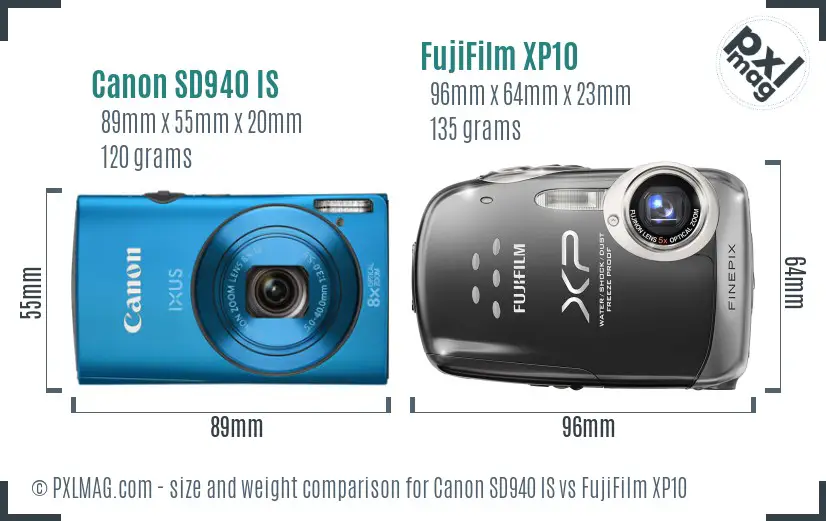 Canon SD940 IS vs FujiFilm XP10 size comparison