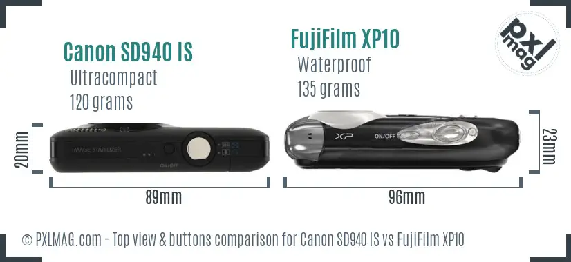 Canon SD940 IS vs FujiFilm XP10 top view buttons comparison