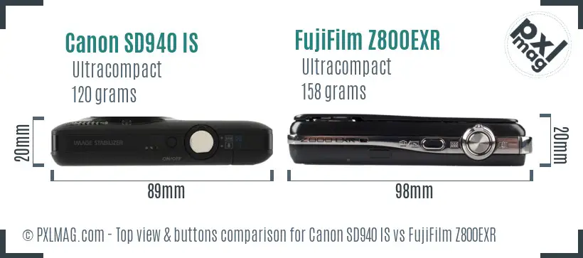 Canon SD940 IS vs FujiFilm Z800EXR top view buttons comparison