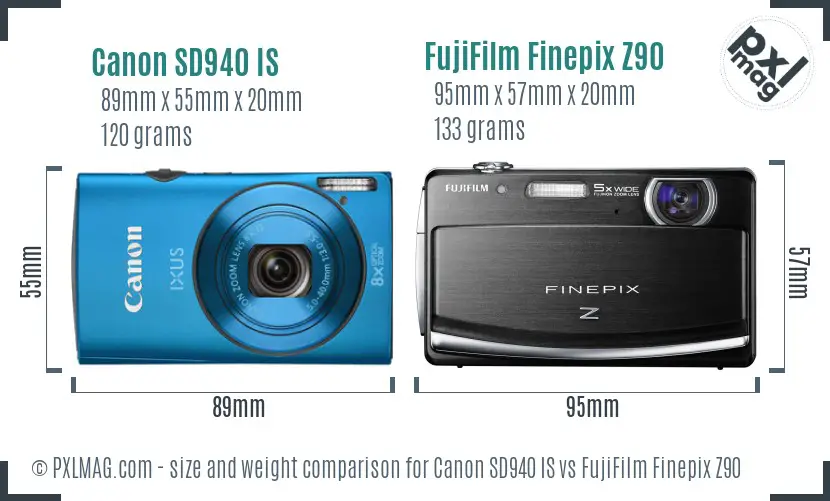 Canon SD940 IS vs FujiFilm Finepix Z90 size comparison