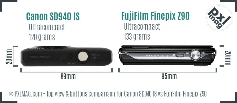 Canon SD940 IS vs FujiFilm Finepix Z90 top view buttons comparison