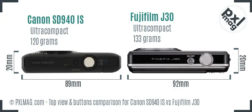 Canon SD940 IS vs Fujifilm J30 top view buttons comparison Canon SD940 IS vs Fujifilm J30 top view buttons comparison