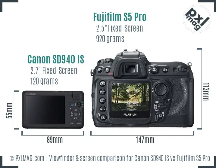 Canon SD940 IS vs Fujifilm S5 Pro Screen and Viewfinder comparison