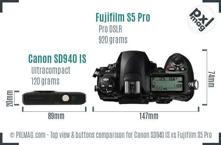 Canon SD940 IS vs Fujifilm S5 Pro top view buttons comparison