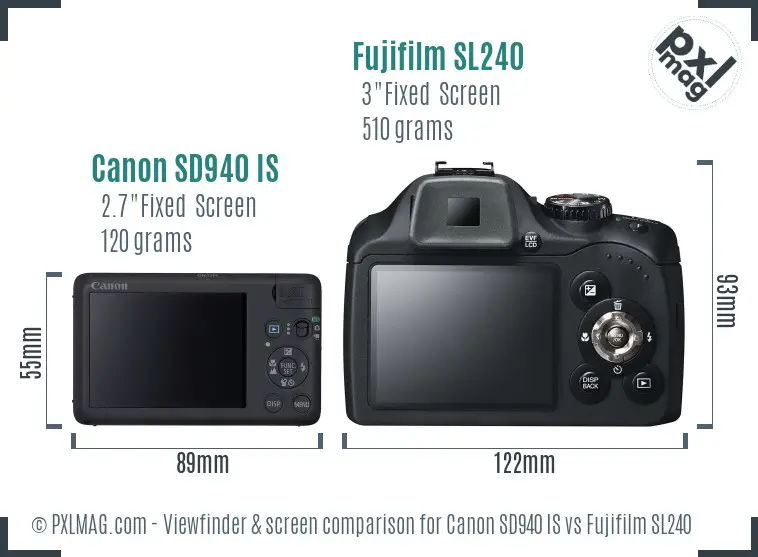 Canon SD940 IS vs Fujifilm SL240 Screen and Viewfinder comparison