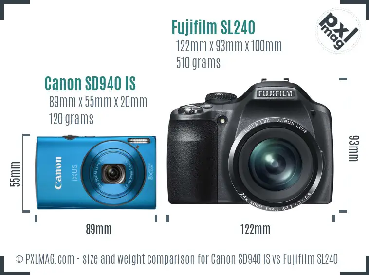 Canon SD940 IS vs Fujifilm SL240 size comparison