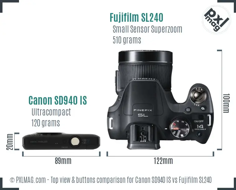 Canon SD940 IS vs Fujifilm SL240 top view buttons comparison