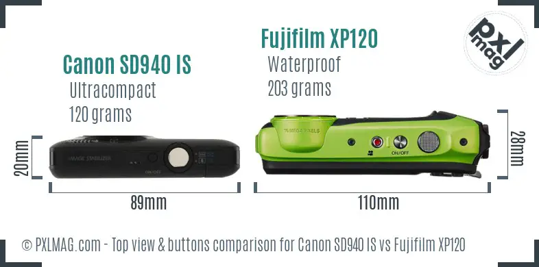 Canon SD940 IS vs Fujifilm XP120 top view buttons comparison Canon SD940 IS vs Fujifilm XP120 top view buttons comparison