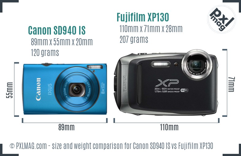 Canon SD940 IS vs Fujifilm XP130 size comparison
