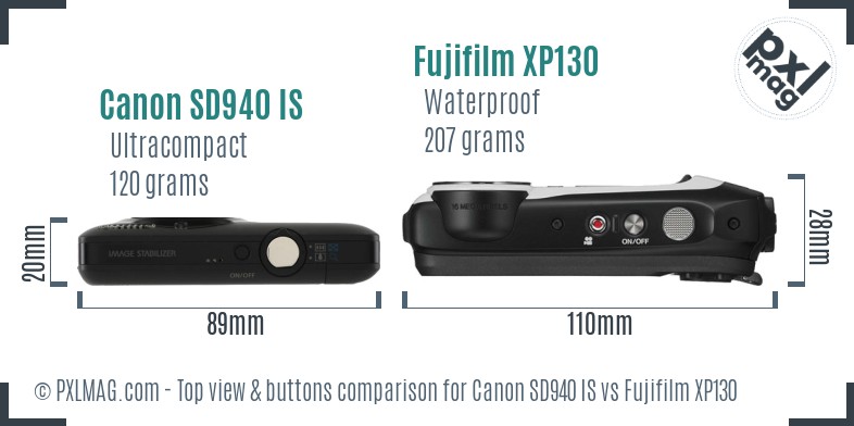 Canon SD940 IS vs Fujifilm XP130 top view buttons comparison
