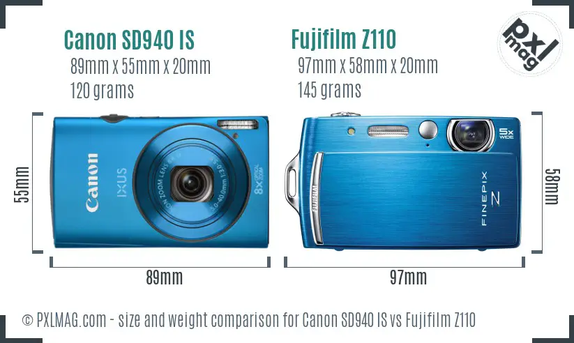 Canon SD940 IS vs Fujifilm Z110 size comparison