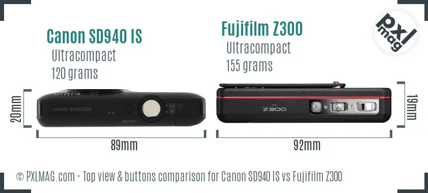 Canon SD940 IS vs Fujifilm Z300 top view buttons comparison