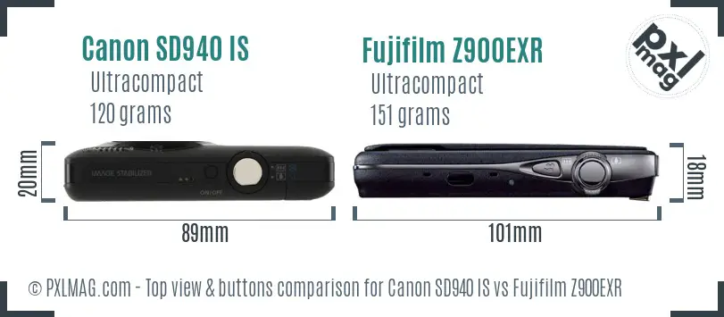 Canon SD940 IS vs Fujifilm Z900EXR top view buttons comparison