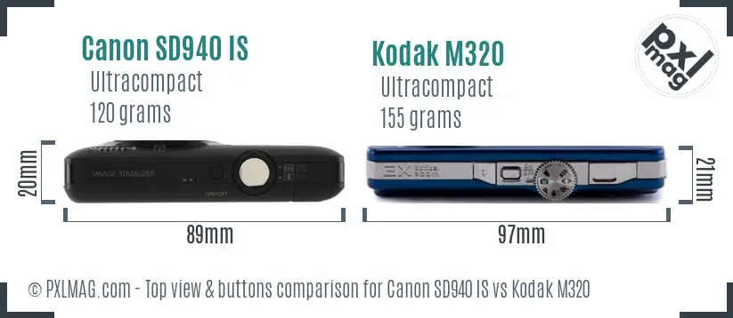 Canon SD940 IS vs Kodak M320 top view buttons comparison