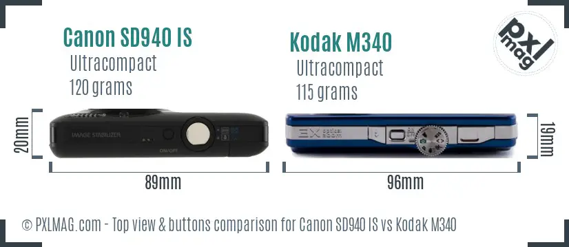 Canon SD940 IS vs Kodak M340 top view buttons comparison