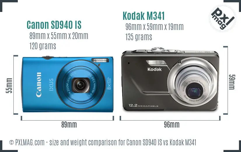 Canon SD940 IS vs Kodak M341 size comparison