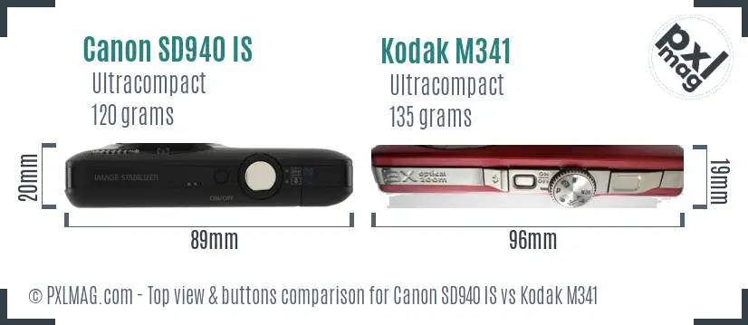 Canon SD940 IS vs Kodak M341 top view buttons comparison