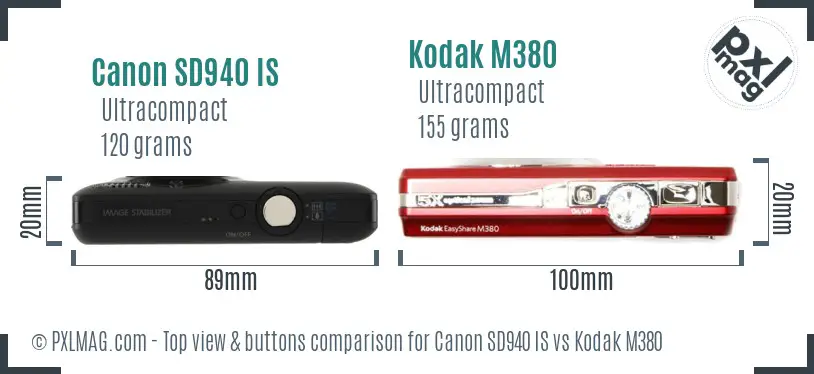 Canon SD940 IS vs Kodak M380 top view buttons comparison