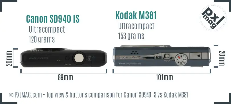 Canon SD940 IS vs Kodak M381 top view buttons comparison