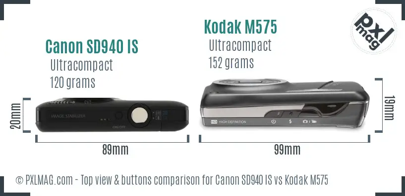 Canon SD940 IS vs Kodak M575 top view buttons comparison Canon SD940 IS vs Kodak M575 top view buttons comparison