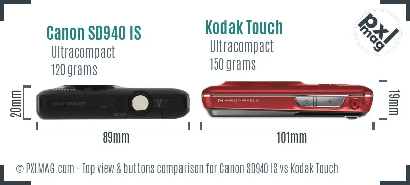 Canon SD940 IS vs Kodak Touch top view buttons comparison