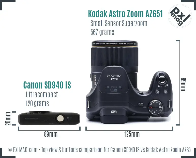 Canon SD940 IS vs Kodak Astro Zoom AZ651 top view buttons comparison