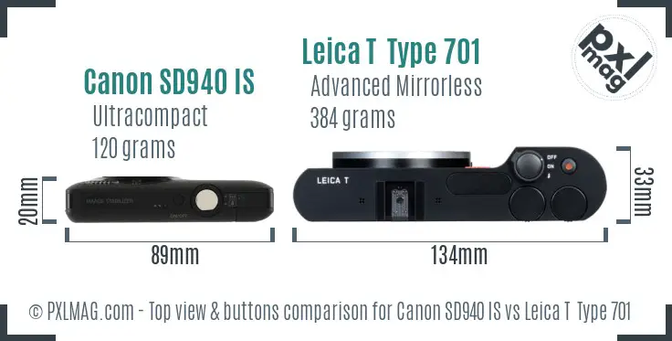 Canon SD940 IS vs Leica T  Type 701 top view buttons comparison
