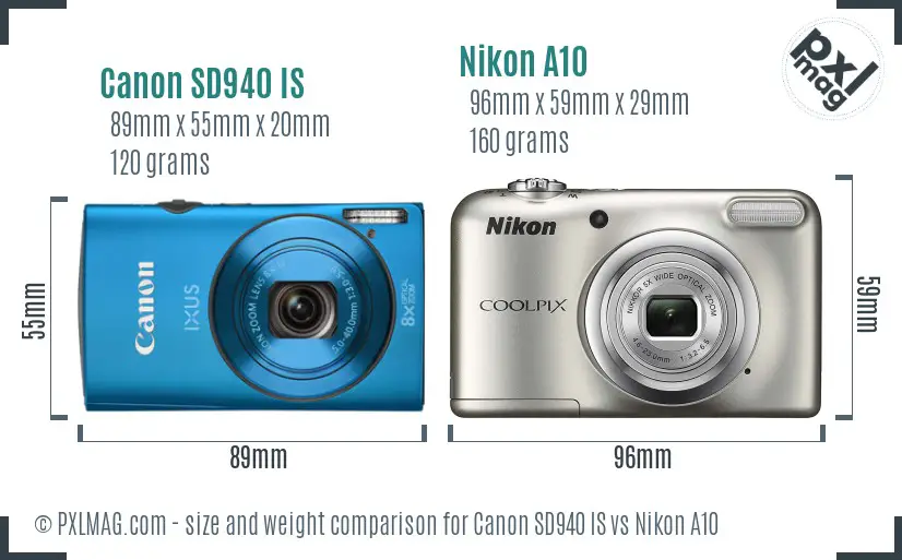 Canon SD940 IS vs Nikon A10 size comparison