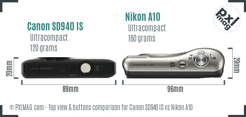 Canon SD940 IS vs Nikon A10 top view buttons comparison