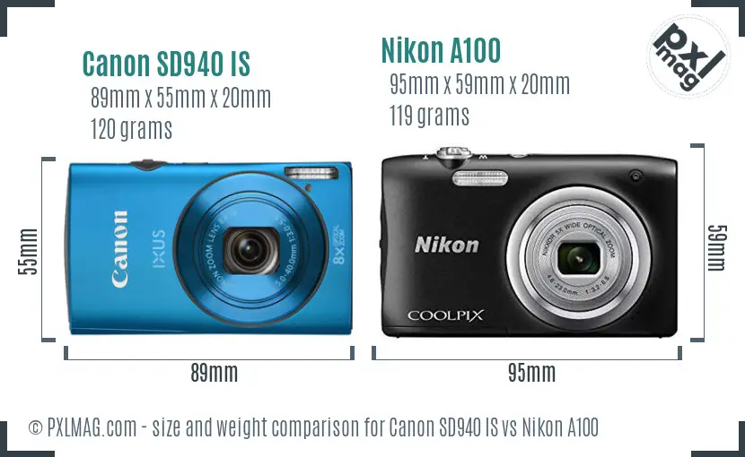 Canon SD940 IS vs Nikon A100 size comparison
