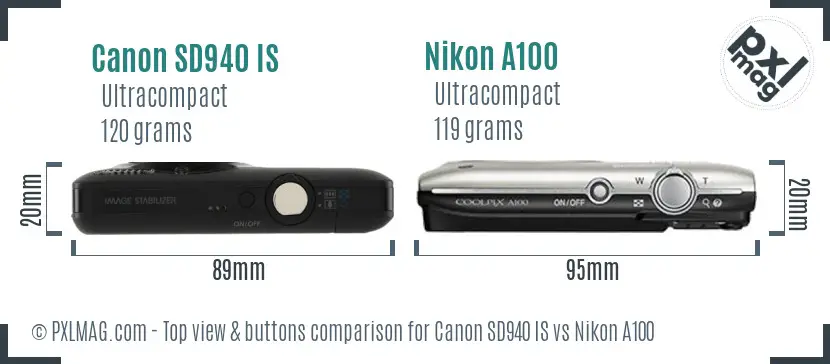 Canon SD940 IS vs Nikon A100 top view buttons comparison