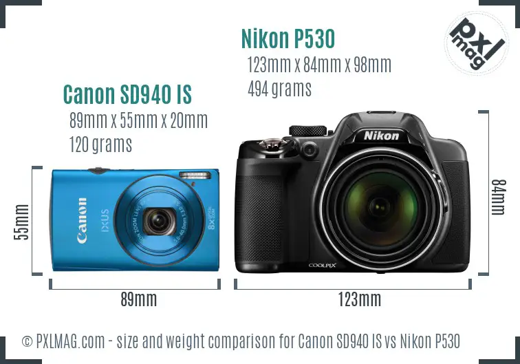 Canon SD940 IS vs Nikon P530 size comparison