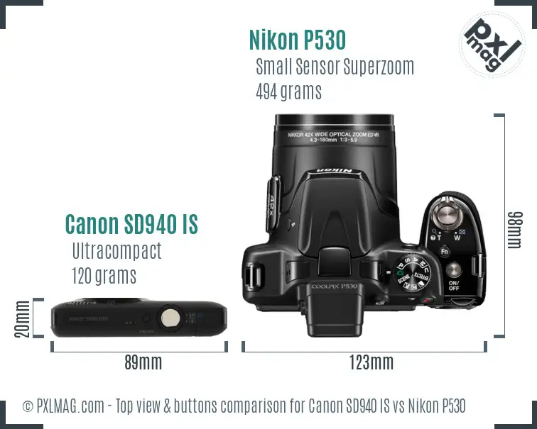 Canon SD940 IS vs Nikon P530 top view buttons comparison