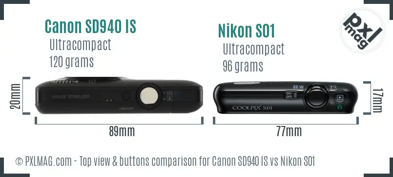 Canon SD940 IS vs Nikon S01 top view buttons comparison