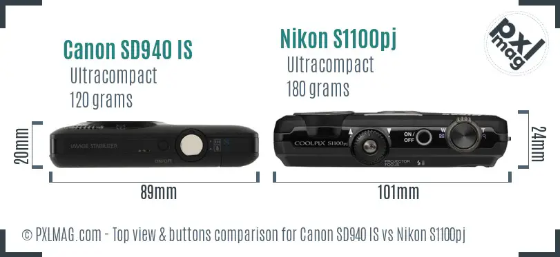 Canon SD940 IS vs Nikon S1100pj top view buttons comparison