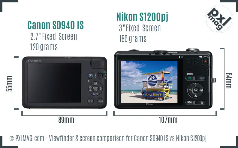 Canon SD940 IS vs Nikon S1200pj Screen and Viewfinder comparison