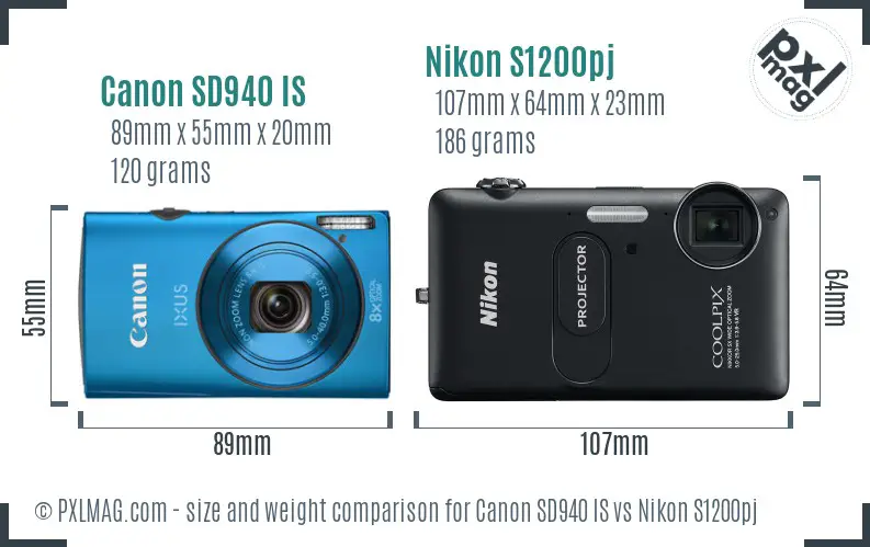 Canon SD940 IS vs Nikon S1200pj size comparison