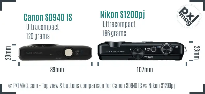 Canon SD940 IS vs Nikon S1200pj top view buttons comparison