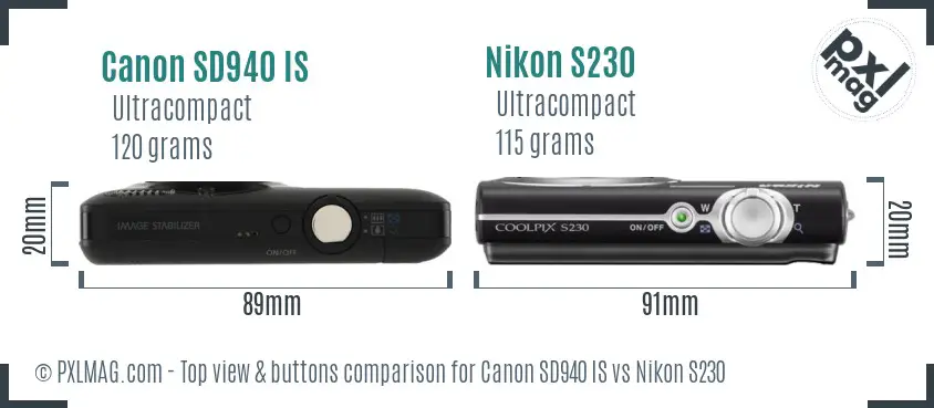 Canon SD940 IS vs Nikon S230 top view buttons comparison