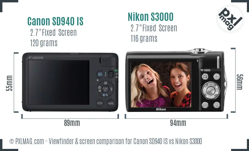 Canon SD940 IS vs Nikon S3000 Screen and Viewfinder comparison