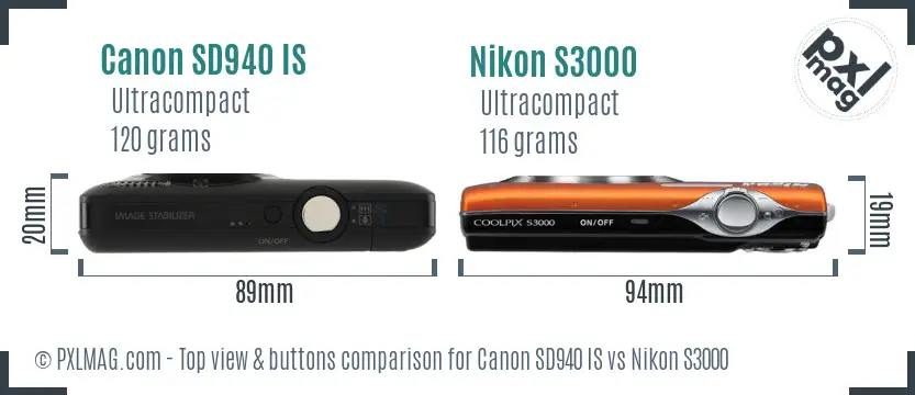 Canon SD940 IS vs Nikon S3000 top view buttons comparison