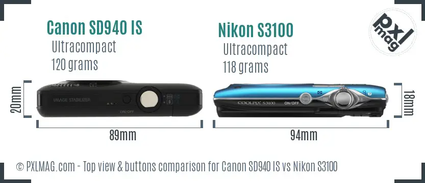 Canon SD940 IS vs Nikon S3100 top view buttons comparison