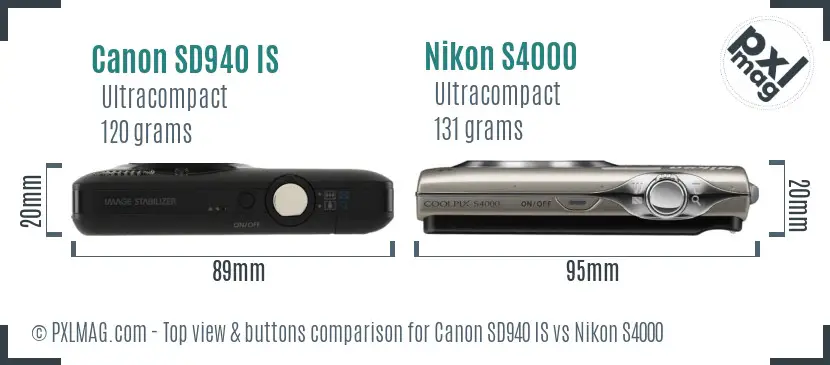 Canon SD940 IS vs Nikon S4000 top view buttons comparison